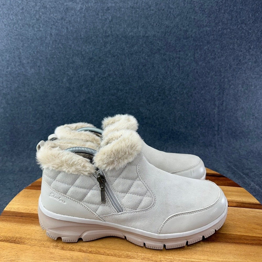 Skechers Boots Womens 10 Easy Going Girl Crush Ankle Bootie White Leather 48971